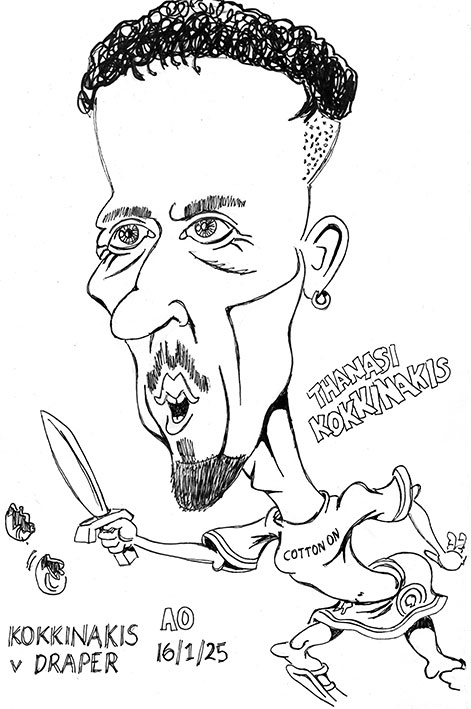 Thanasi Kokkinakis b/w caricature drawn at Australian Open